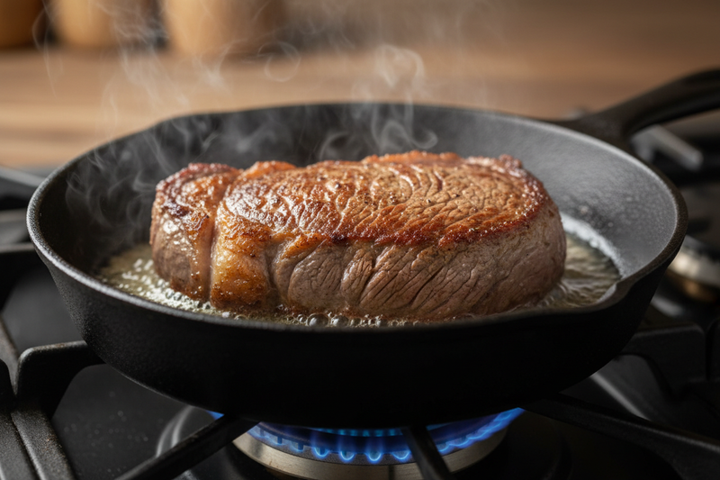 realistic image of a steak being cooked in a pan on a hob 